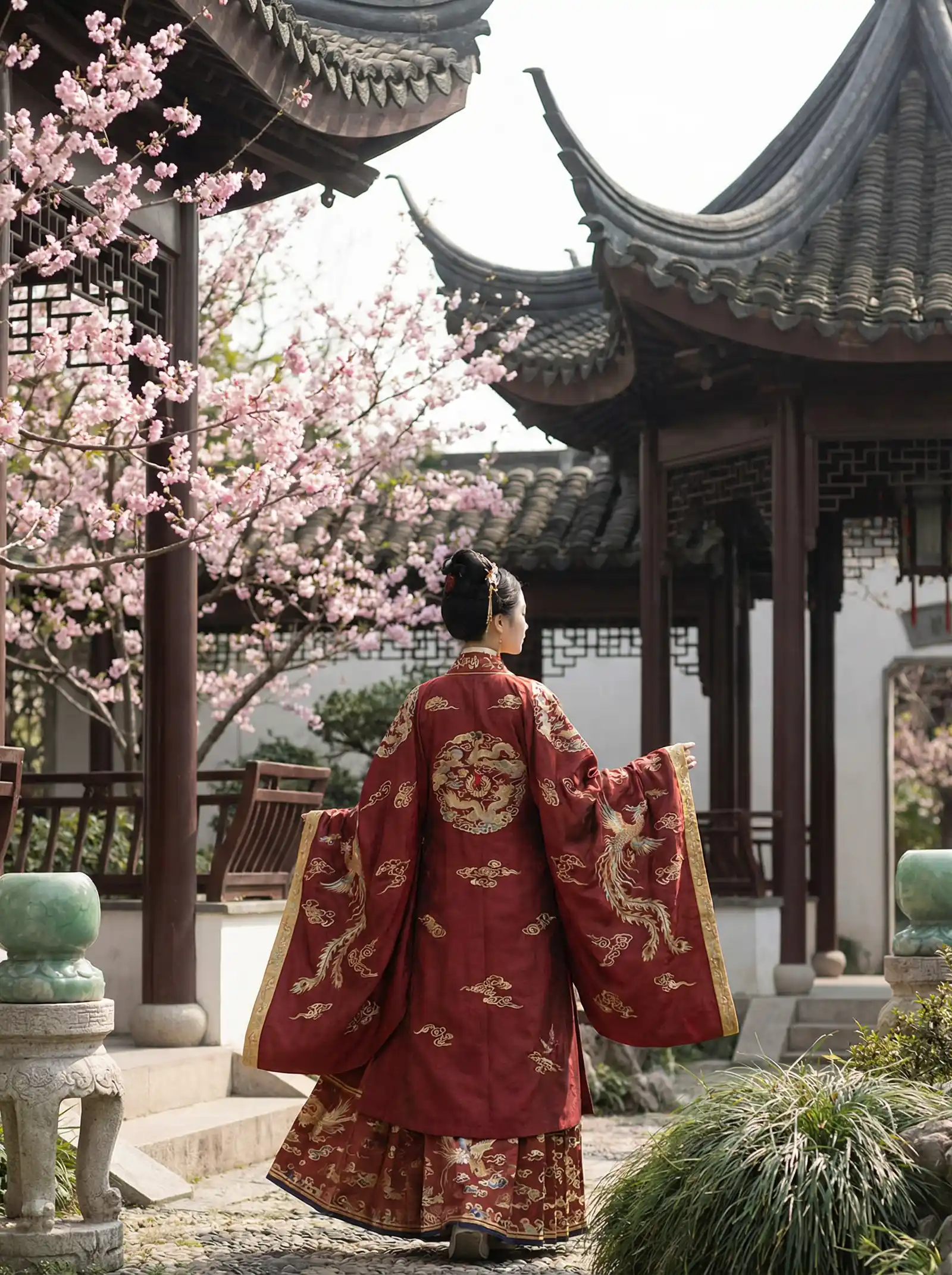 在线观看国产囯内视频 明制汉服红色凤凰刺绣